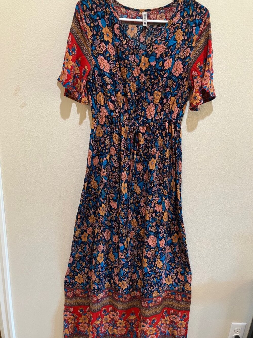 Grecerelle Maxi Dress Cinch Waist Tie Front Cotagecore Boho Festival Size M